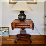 F02. Empire two-drawer side table writing desk. Some missing veneer at foot. 30”h x 19”w x 17”d - $185 